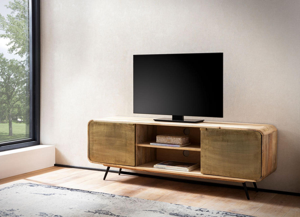 LOWBOARD Mango Massivholz Modern Stil 160x55x41 cm mit punzierten Türen - Schwarz/Braun, Holz/Metall (160/55/41cm) - KADIMA DESIGN