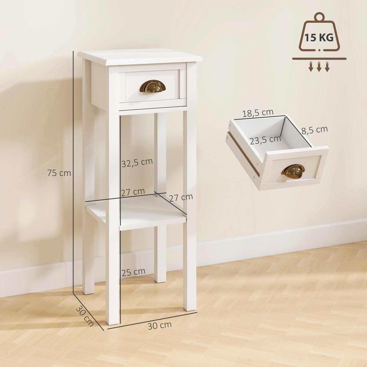 BEISTELLTISCH DE-15838 2er-Set mit Schublade Weiß - Weiß, Holzwerkstoff (30/30/75cm) - ComfortXL