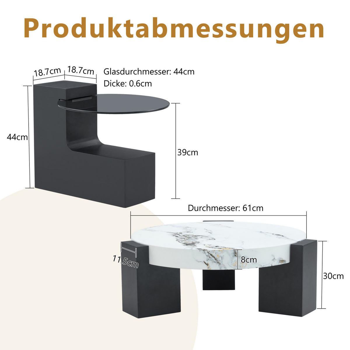 BEISTELLTISCH 61/30 cm Weiß/Schwarz aus MDF und Glas zerlegbar 2er Set - Schwarz, Holzwerkstoff (61/61/30cm) - OKMYHOME