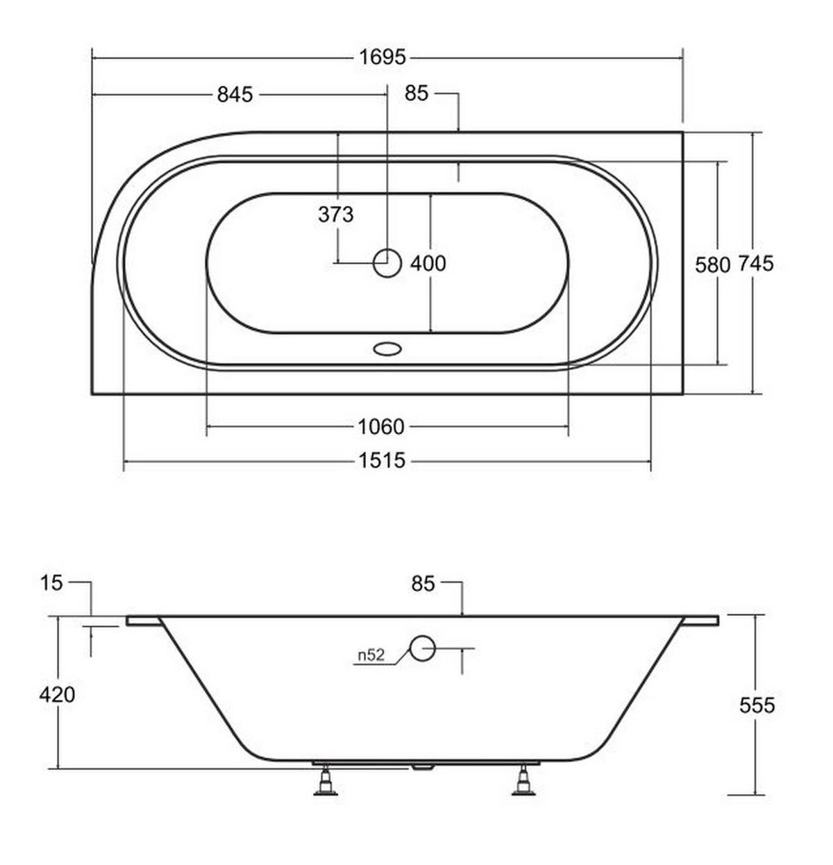 BADEWANNE Eckwanne AVITA SLIM 170/75 Links mit Styro Ablauf Füße - Weiß, Kunststoff (75/55.5/170cm) - bad land