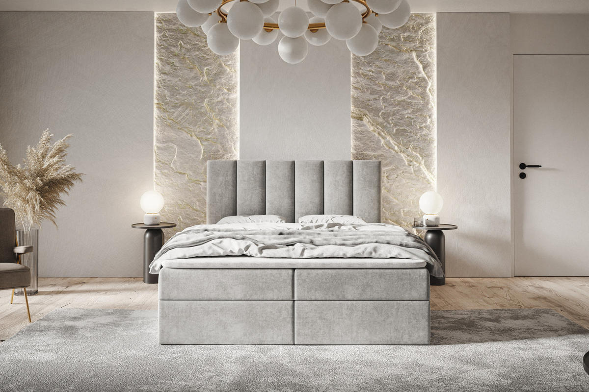 BOXBETT TOKIO mit 2 Bettkästen, 140x200, Farbe: Beige, Velourstoff, Doppelbett mit Bonell-Matratze - Beige, Holz/Kunststoff (140/200cm) - Alpi-Möbel