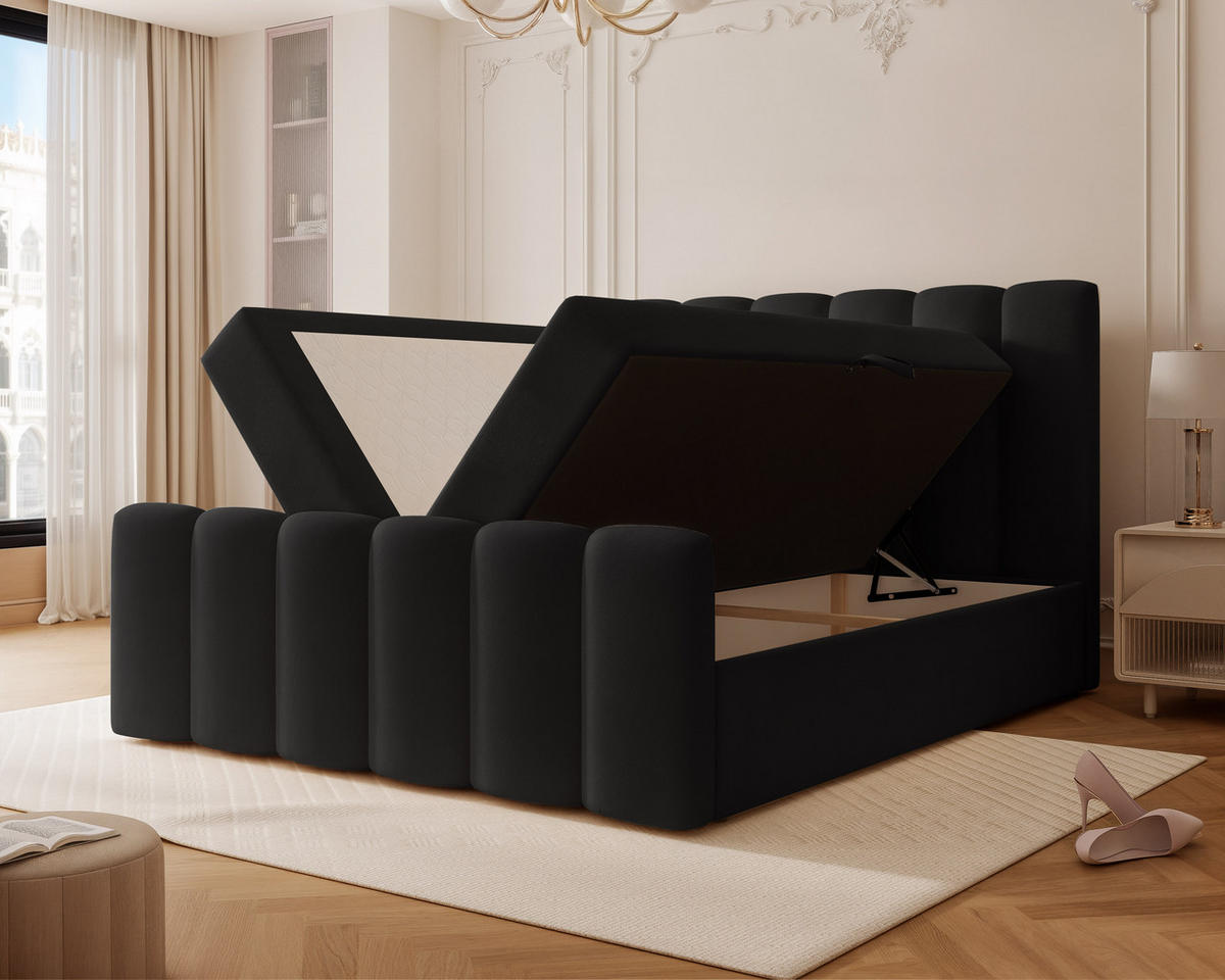 BOXBETT FERRERO 160/200 cm, in Schwarz, mit Matratze - Schwarz, Textil (160/200cm) - Idohome