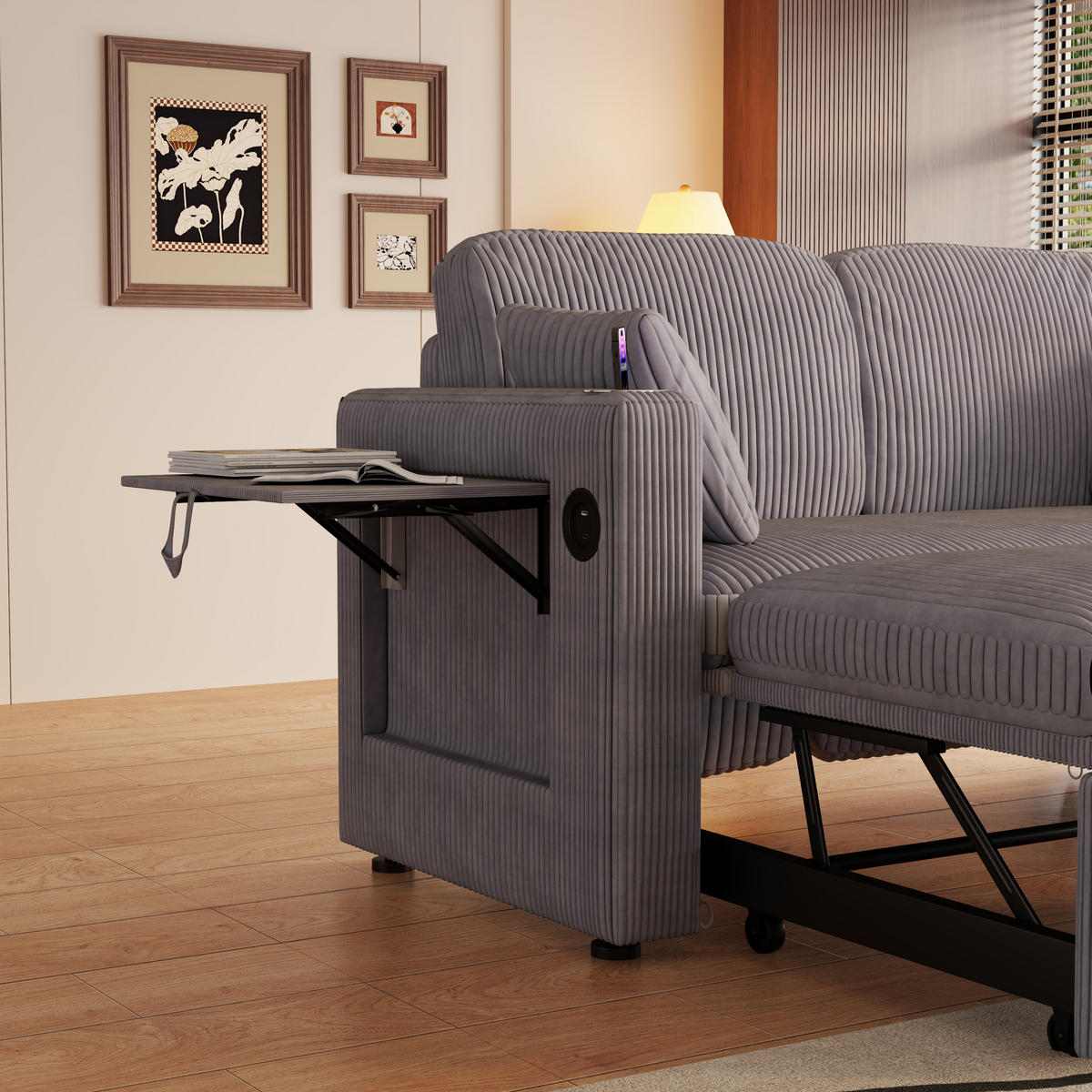 2-SITZER SCHLAFSOFA Cord Grau mit Bettkasten, USB und Type-C - Grau, Textil (145/85.5/132cm) - WISHDOR