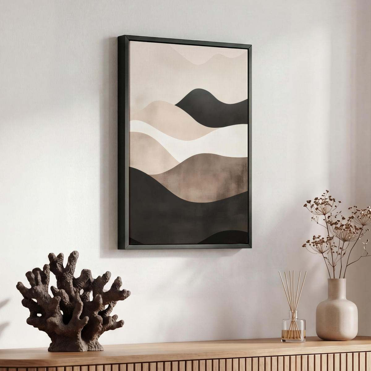 LEINWAND Bilder mit Rahmen - Abstrakt - Landschaft - Wellen - Cremefarben - 30x40 - Cappuccino, Textil (30/40cm) - MuchoWow