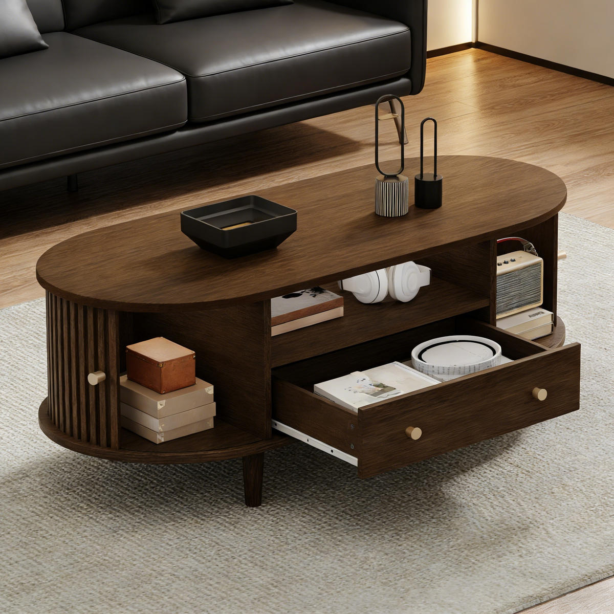 COUCHTISCH aus MDF 100x50x36 cm Walnussholz mit Schublade, offenen Fächern und Rolltür - Walnussfarben, Holzwerkstoff (100/50/36cm) - IVMEU