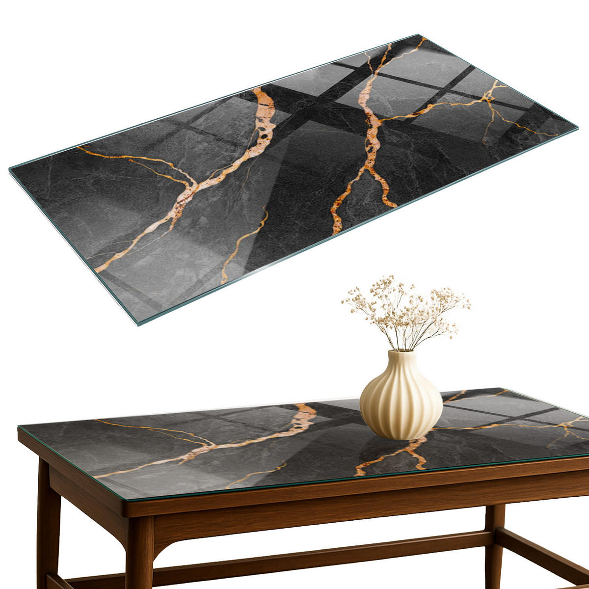 TISCHPLATTE 120x60 cm Marmormuster mit Adern - Rotbraun/Schwarz, Glas (0.4/120/60cm) - TULUP