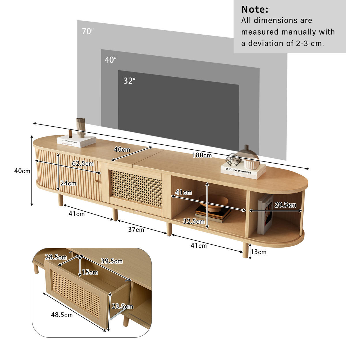 TV‑SCHRANK Eichefarben mit Rattan‑Dekor und goldenen Griffen 180 × 40 × 40 cm - Eichefarben, Holzwerkstoff (180/40/40cm) - Luhomfu