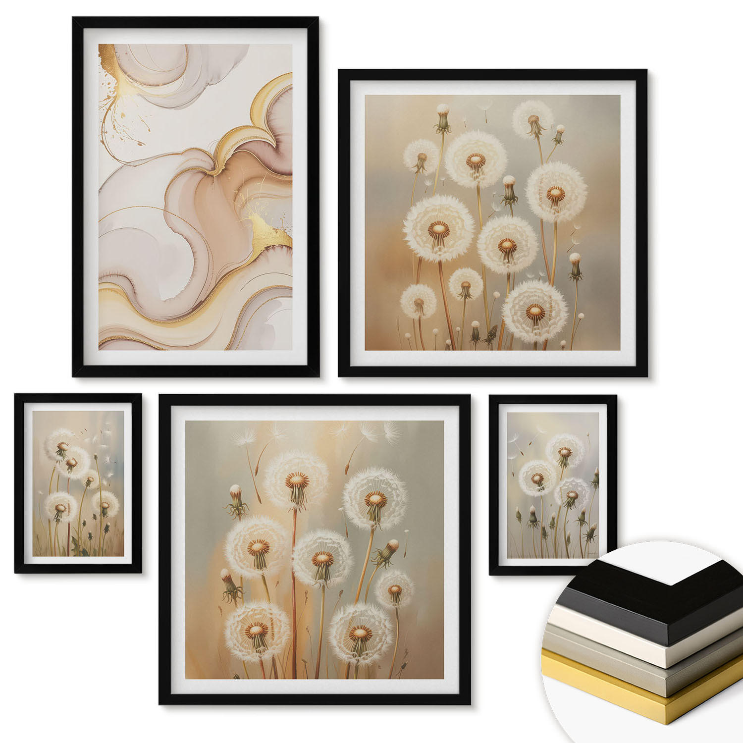 WANDBILDER 5er-Set - 50x50 cm & 20x30 cm & 40x60 cm Schwarzer Rahmen - Zitronenblüten am Meer - Schwarz, Kunststoff (40/60cm) - ArtPrintCave