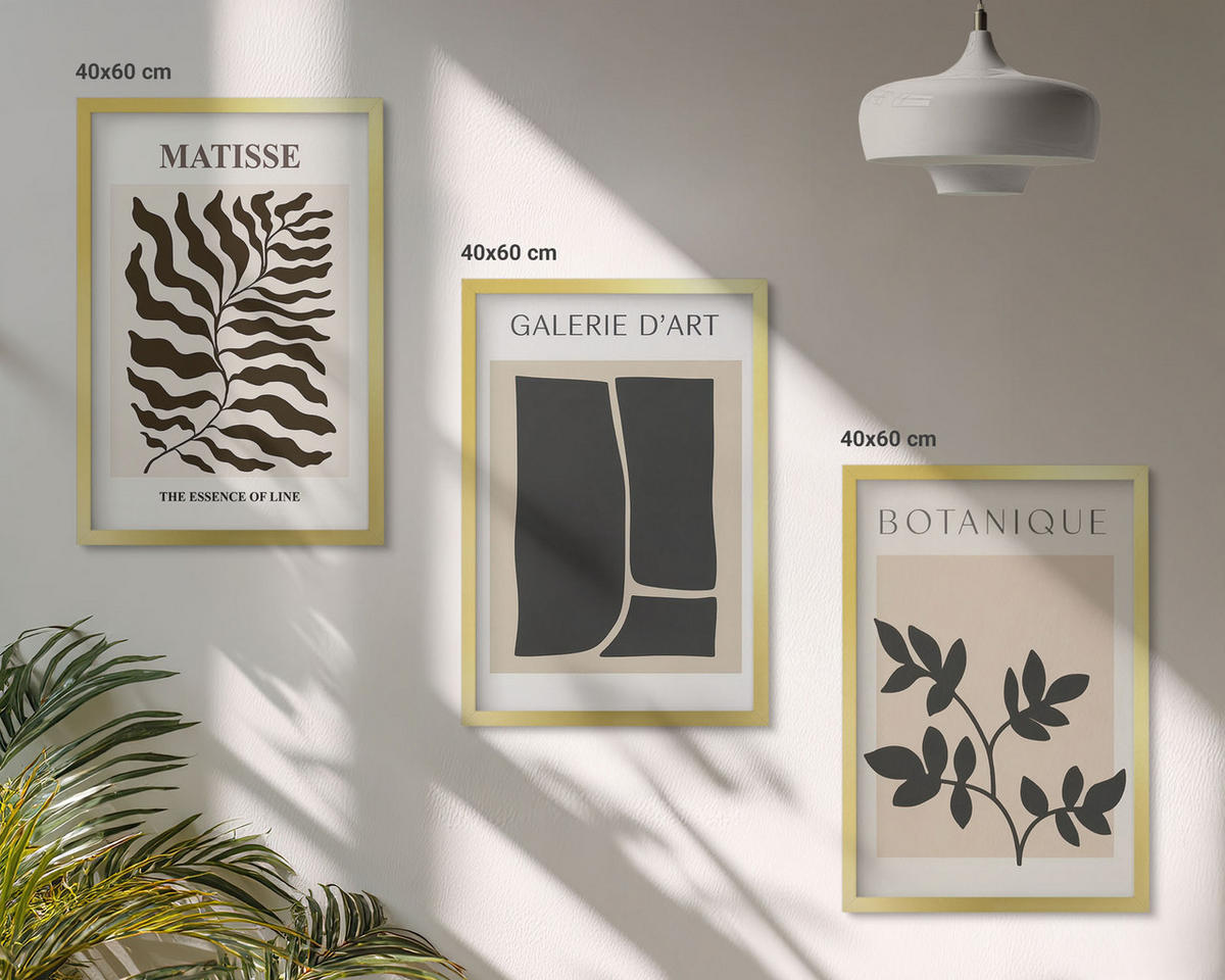 WANDBILDER 3er Set - 40x60 cm Goldrahmen - Minimalistische Pflanzenposter - Goldfarben, Kunststoff (40/60cm) - ArtPrintCave