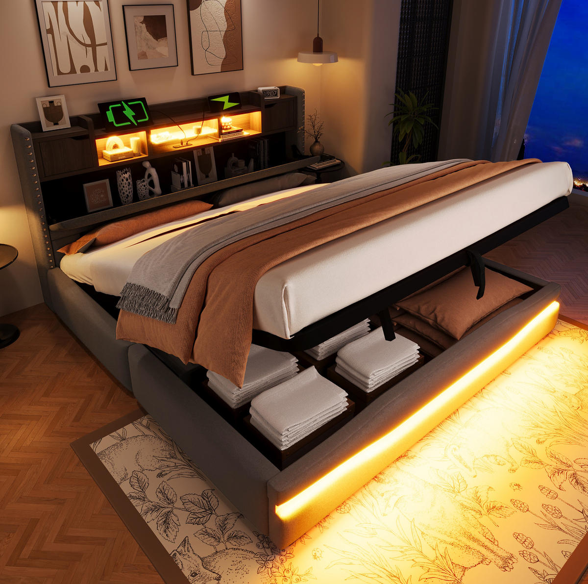 ČALOUNĚNÁ postel 180/200 cm šedá z lnu a MDF s USB-C, zásuvkou, LED a úložným prostorem - šedá, textil (180/200cm) - OKWISH