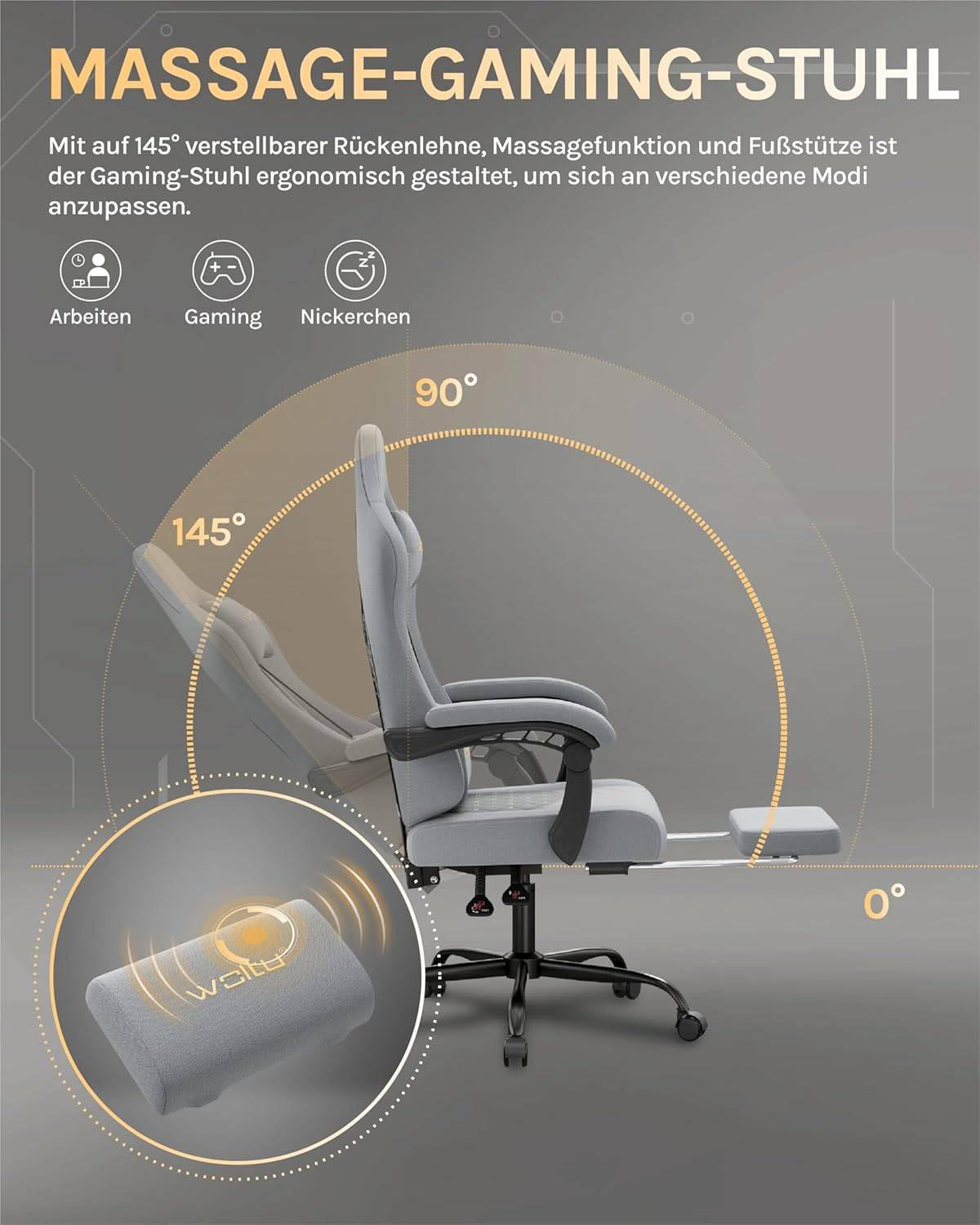 GAMINGSTUHL mit Massagefunktion, Computerstuhl Ergonomisch - Goldfarben/Schwarz, Kunststoff/Textil (70/127/70cm) - Woltu