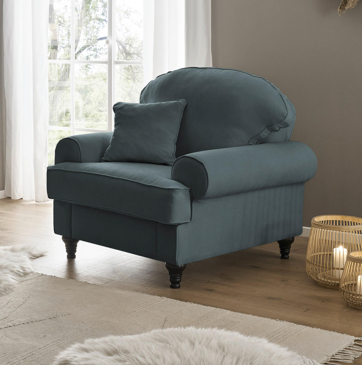 SESSEL grau Landhaus, Loungesessel 110 cm - Braun/Grau, Holz/Textil (110/95/100cm) - Furn.Design