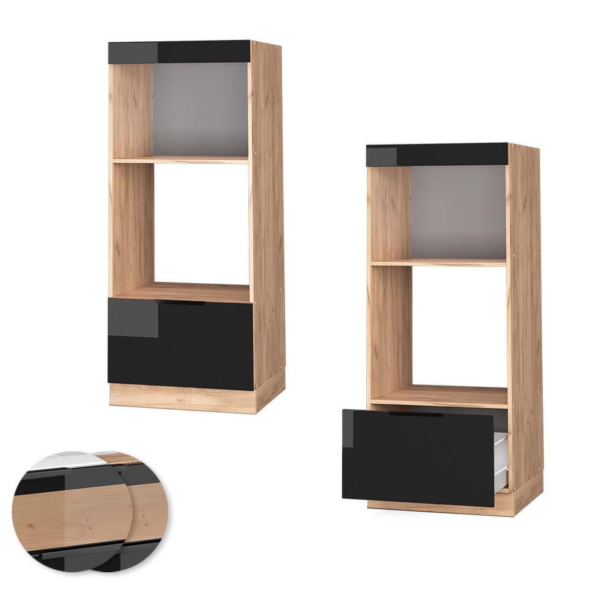 MIKROWELLENSCHRANK Fame-Line Schwarz Eiche hochglanz 60 cm offen - Honigeiche/Schwarz Hochglanz, Holzwerkstoff (60/153.6/58.1cm) - Vicco