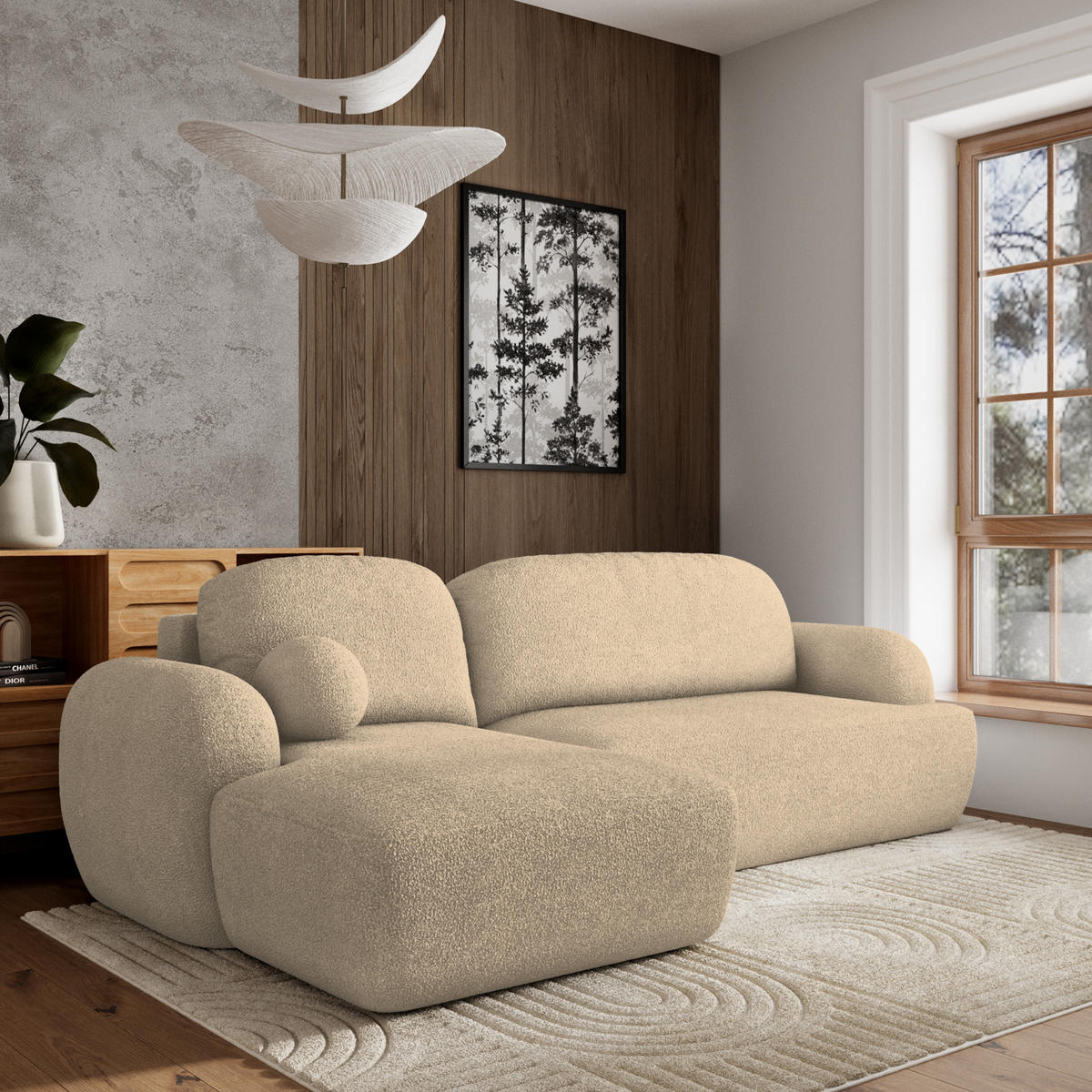 ECKSOFA MODENZA N L-S Creme Boucle-Stoff mit Schlaffunktion - Creme, Holz (266/148cm) - MASSENO