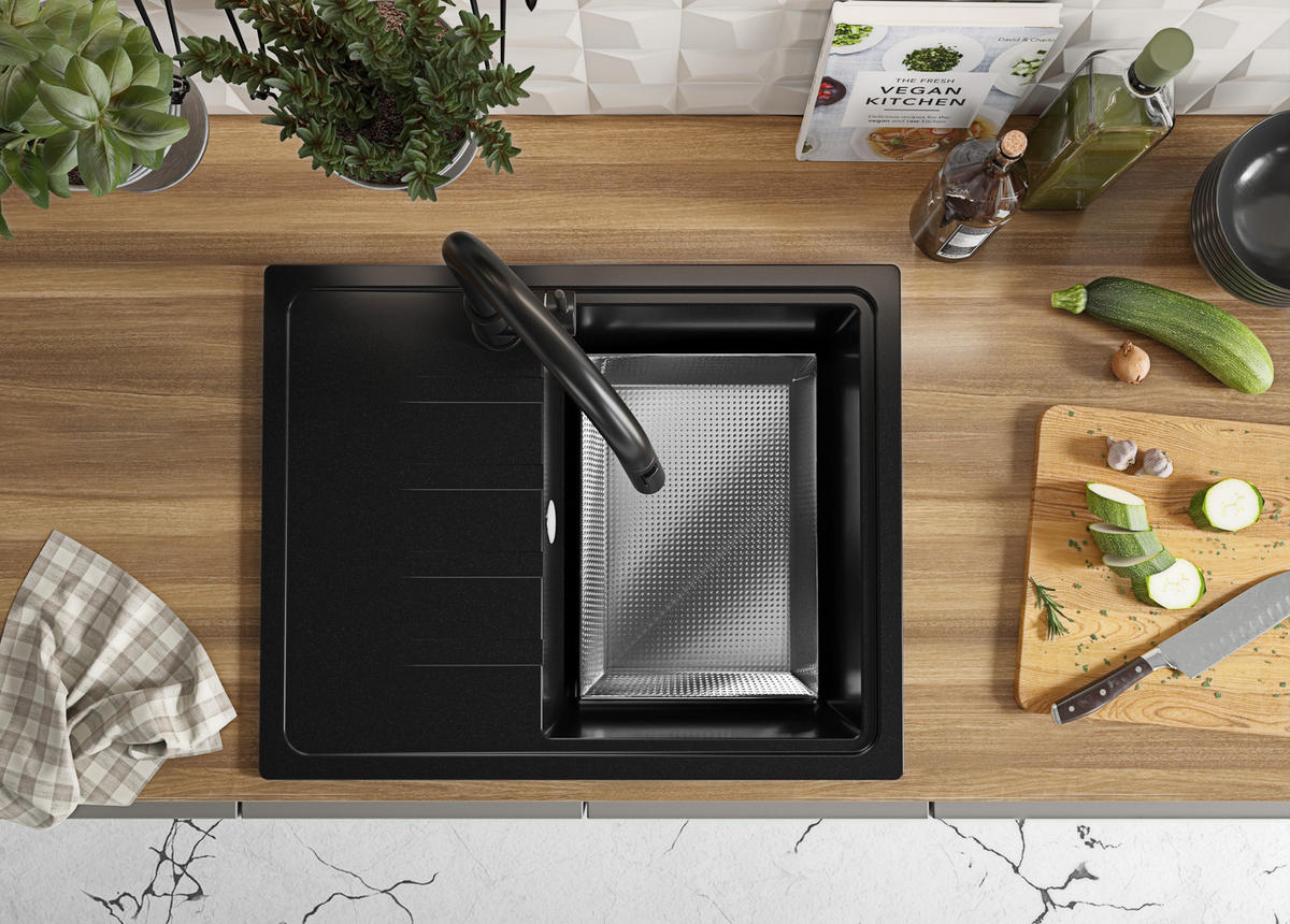 GRANITSPÜLE Mailand, 2-er set Schwarz 62/50 cm 1 Becken + Küchenarmatur 40/20 cm + Ablauf-Set ab 40er Unterschrank - Chromfarben/Schwarz, Kunststoff (62/19/50cm) - Primagran