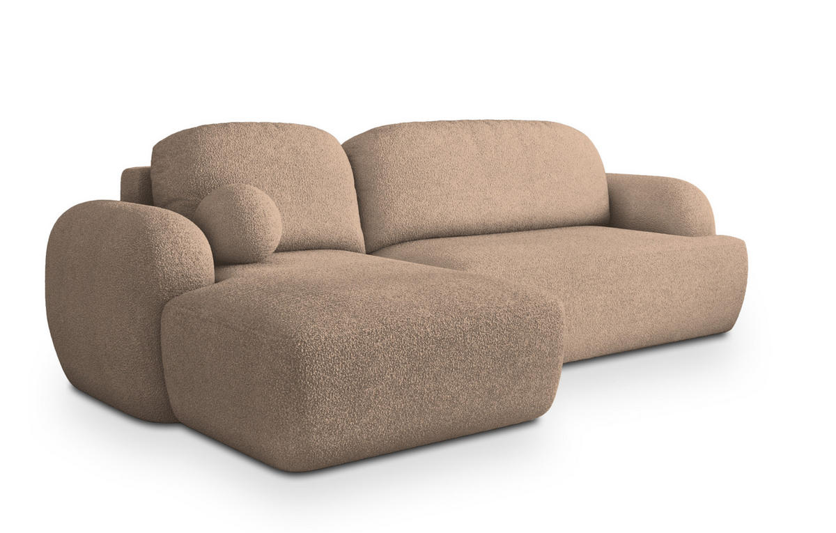 ECKSOFA MODENZA N L-S Beige Boucle-Stoff mit Schlaffunktion - Beige, Holz (266/148cm) - MASSENO