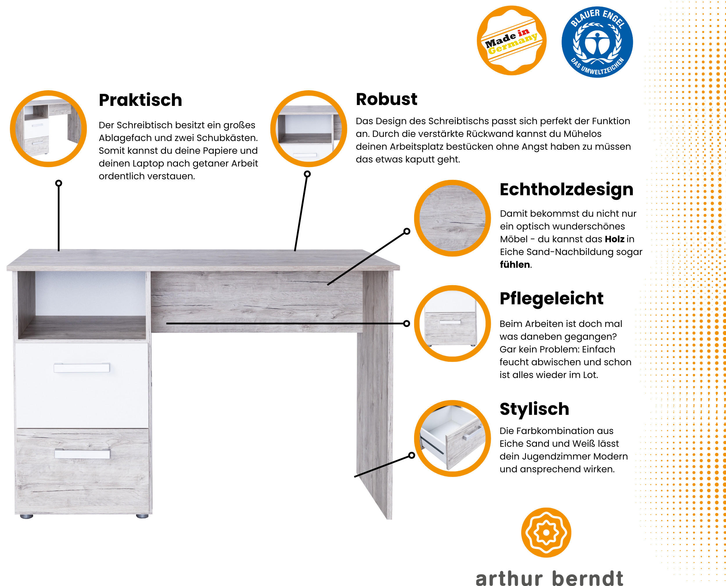 SCHREIBTISCH Bente mit 2 Schubkästen - Eichefarben/Weiß, Holzwerkstoff (115/77/60cm) - arthur berndt