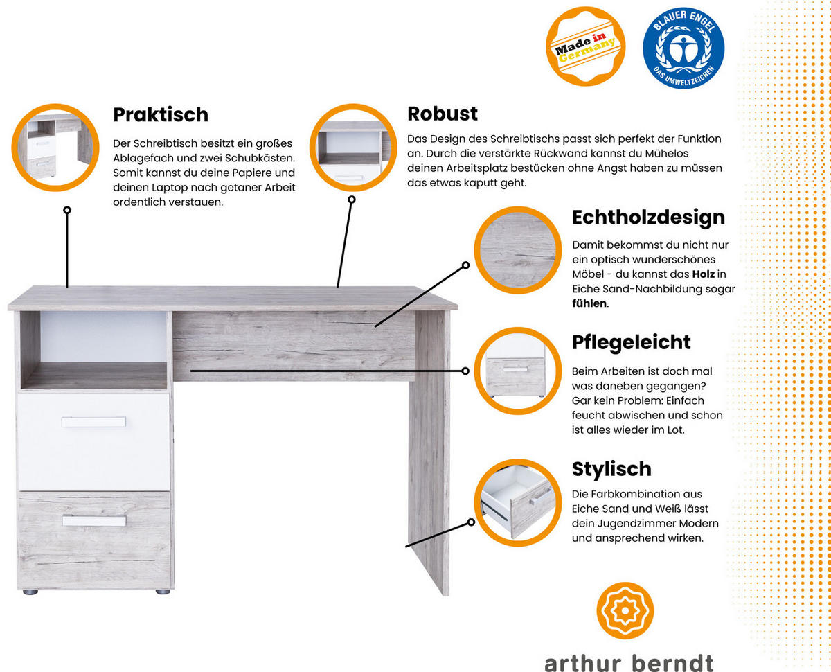 SCHREIBTISCH Bente mit 2 Schubkästen - Eichefarben/Weiß, Holzwerkstoff (115/77/60cm) - arthur berndt