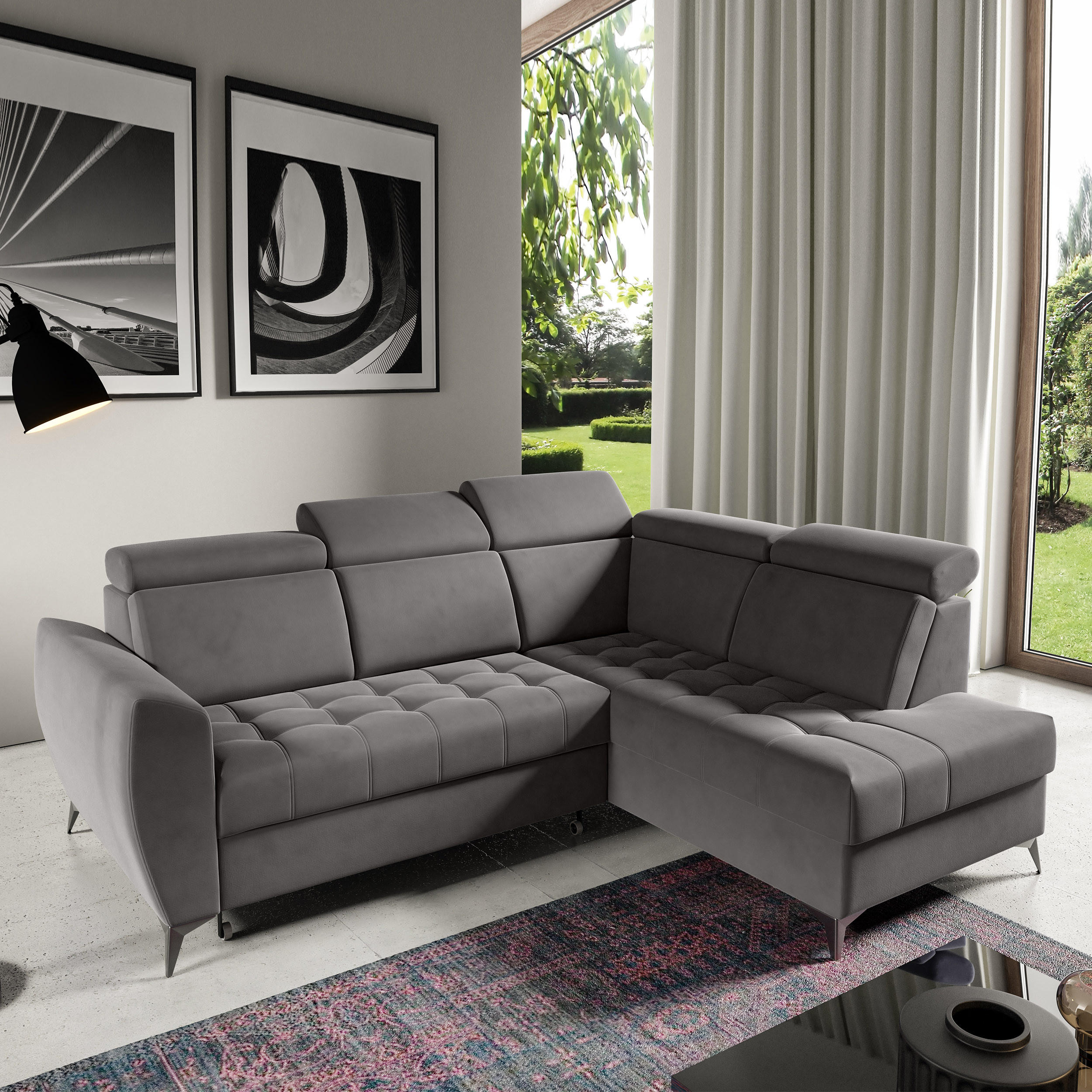 ECKSCHLAFSOFA Aurora II mit verstellbare Kopfstützen, Dunkelgrau, rechts - Dunkelgrau/Schwarz, Textil (266/204cm) - Beautysofa