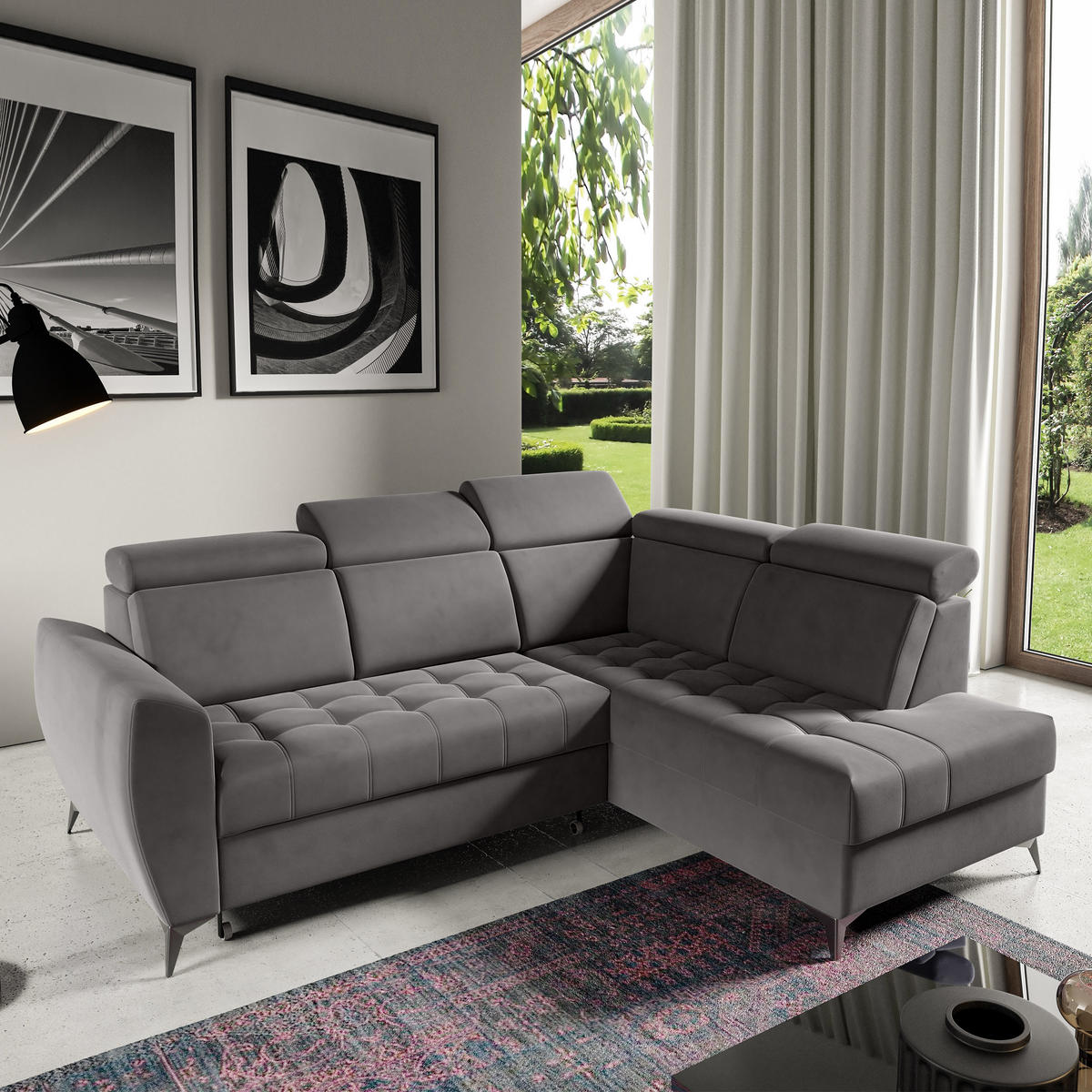 ECKSCHLAFSOFA Aurora II mit verstellbare Kopfstützen, Dunkelgrau, rechts - Dunkelgrau/Schwarz, Textil (266/204cm) - Beautysofa