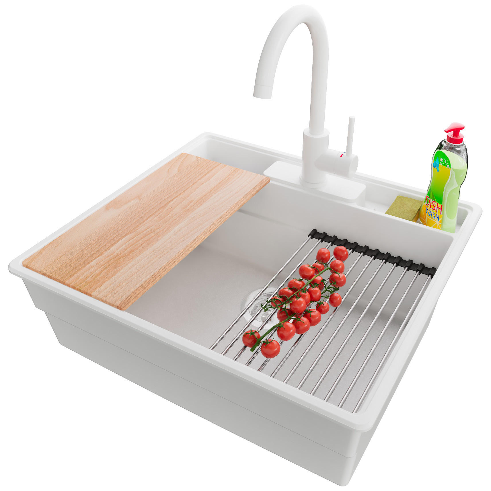 GRANITSPÜLE New York, 2-er set Weiß 58/53 cm 1 Becken + Küchenarmatur 32/20 cm + Ablauf-Set + Küchenzubehörset ab 60er Unterschrank - Chromfarben/Beige, Kunststoff (58/20/53cm) - Primagran