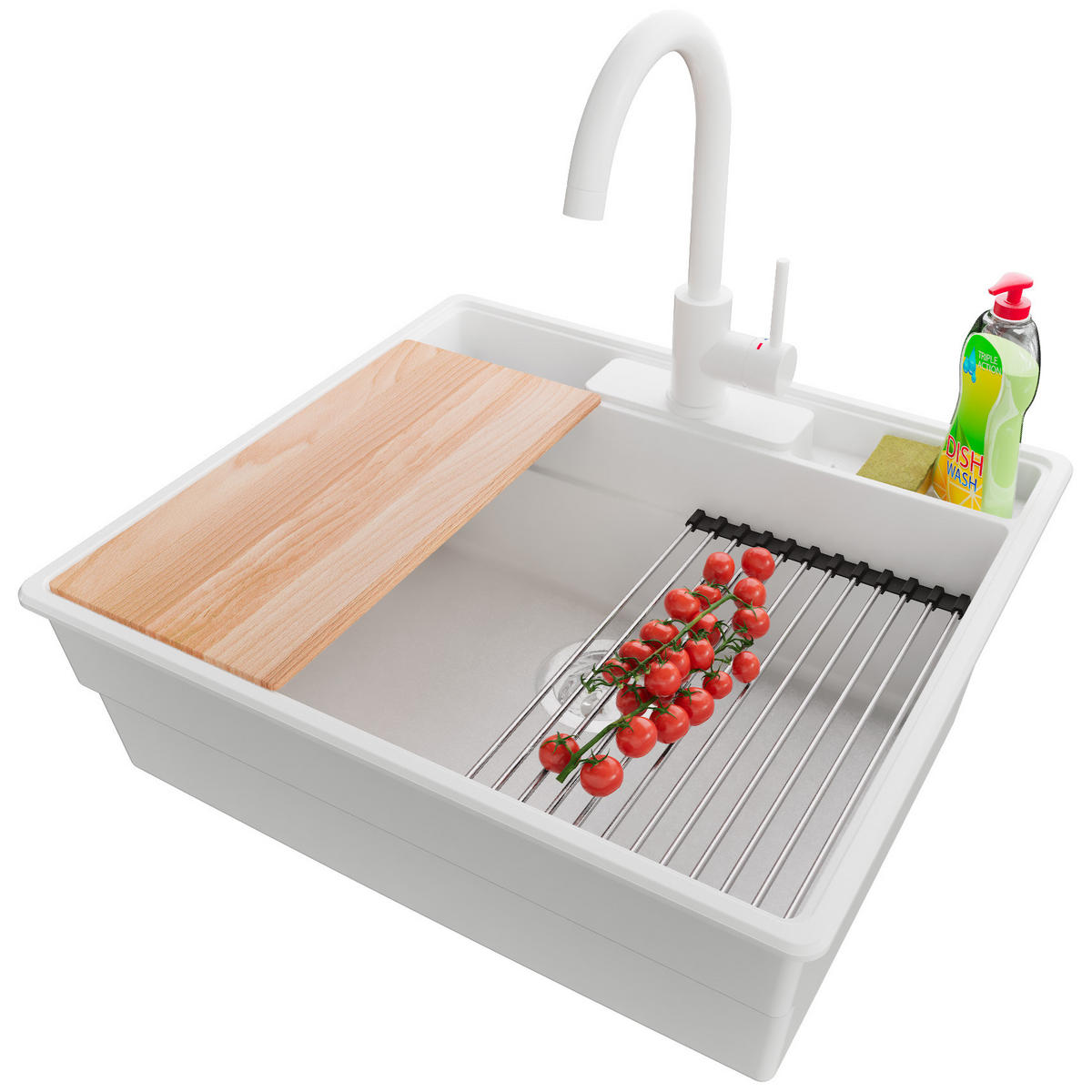 GRANITSPÜLE New York, 2-er set Weiß 58/53 cm 1 Becken + Küchenarmatur 32/20 cm + Ablauf-Set + Küchenzubehörset ab 60er Unterschrank - Chromfarben/Beige, Kunststoff (58/20/53cm) - Primagran