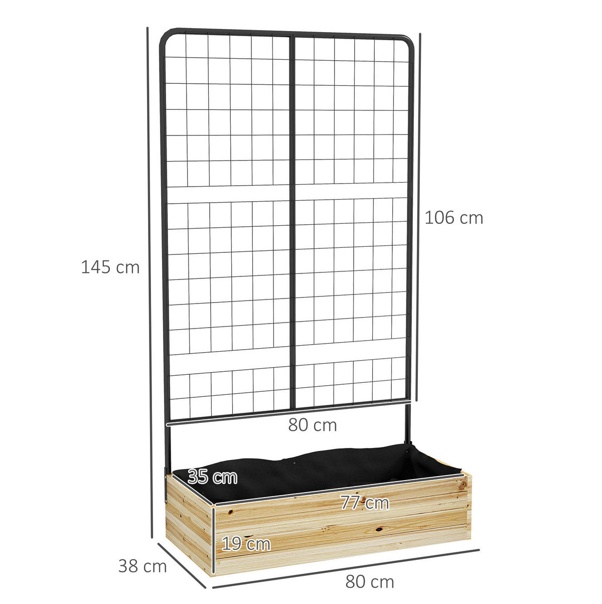 BLUMENKASTEN aus Tannenholz & Metall 80x38x145 cm Naturholz mit Rankgitter - Naturfarben, Metall (38/145/80cm) - Modfu