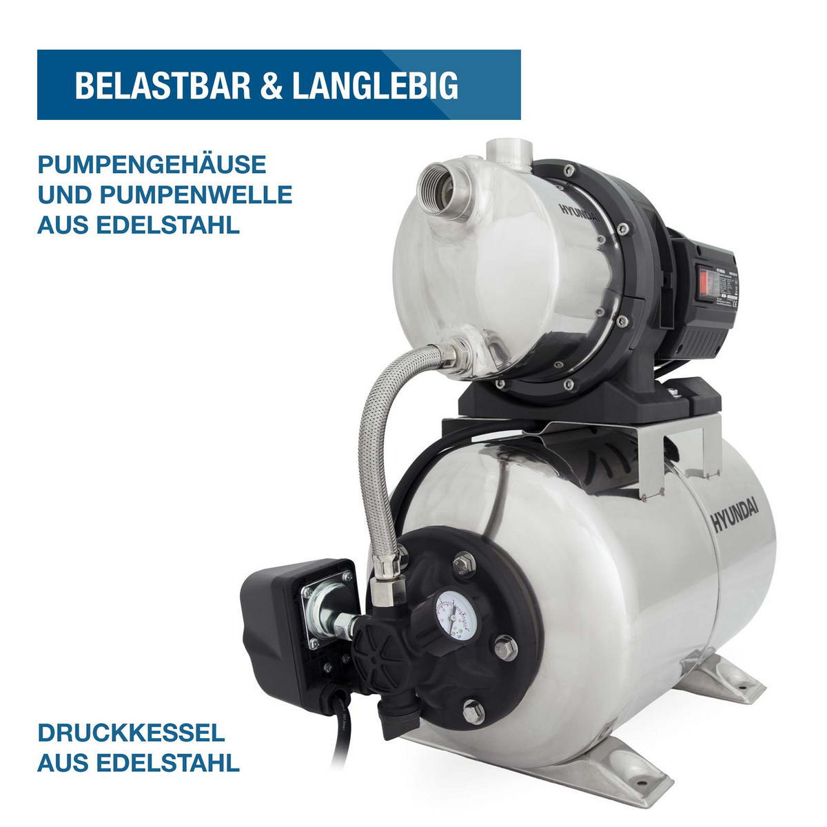 HAUSWASSERWERK HWW12050-IN (1200W, INOX-Kessel, 5.000 l/h, Förderhöhe max. 50m, Ansaughöhe max. 8m) - Silberfarben, Metall (27.5/51.4/48.1cm) - HYUNDAI