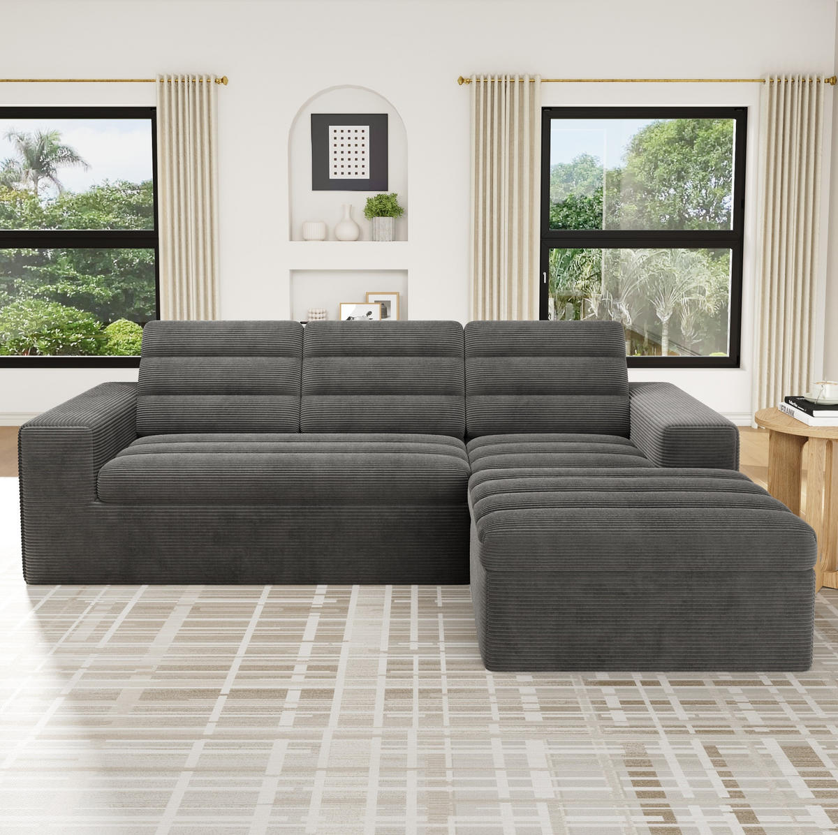 ECKSOFA 253/161/89 cm dunkelgrau aus Cordstoff mit Hocker - Dunkelgrau, Textil (161/253cm) - OKWISH