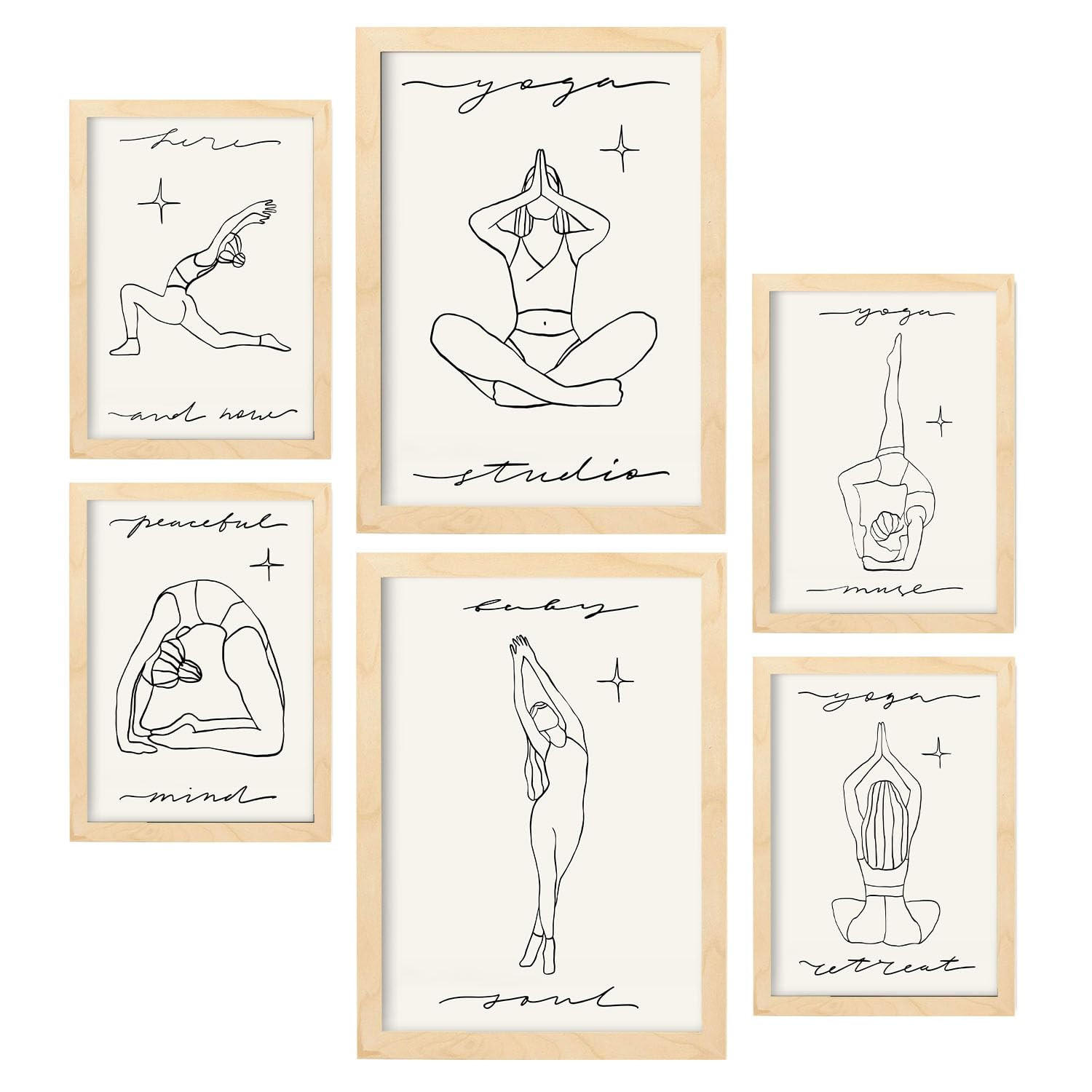 POSTER Set Mit 6 Yoga Musen 1 A3 & A4 Rahmen Aus Hellem Holz - Beige, Papier (29/3/42cm) - Nacnic