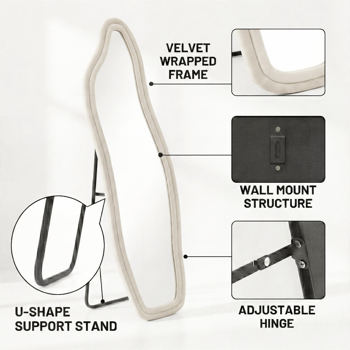 GANZKÖRPERSPIEGEL Wellen-Design mit U-Standfuß & Scharnier 160/50 cm Weiß - Weiß, Glas/Holzwerkstoff (50/160/3cm) - Creahappy
