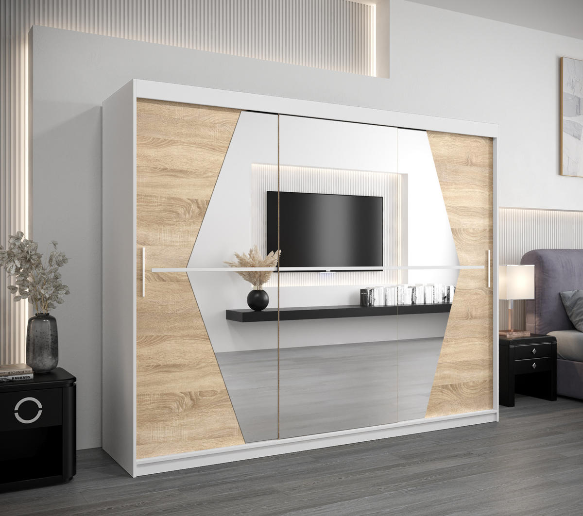 SCHWEBETÜRENSCHRANK 200/250/62 3-türig - Silberfarben/Weiß, Holz/Kunststoff (250/200/62cm) - Abiks Möbel