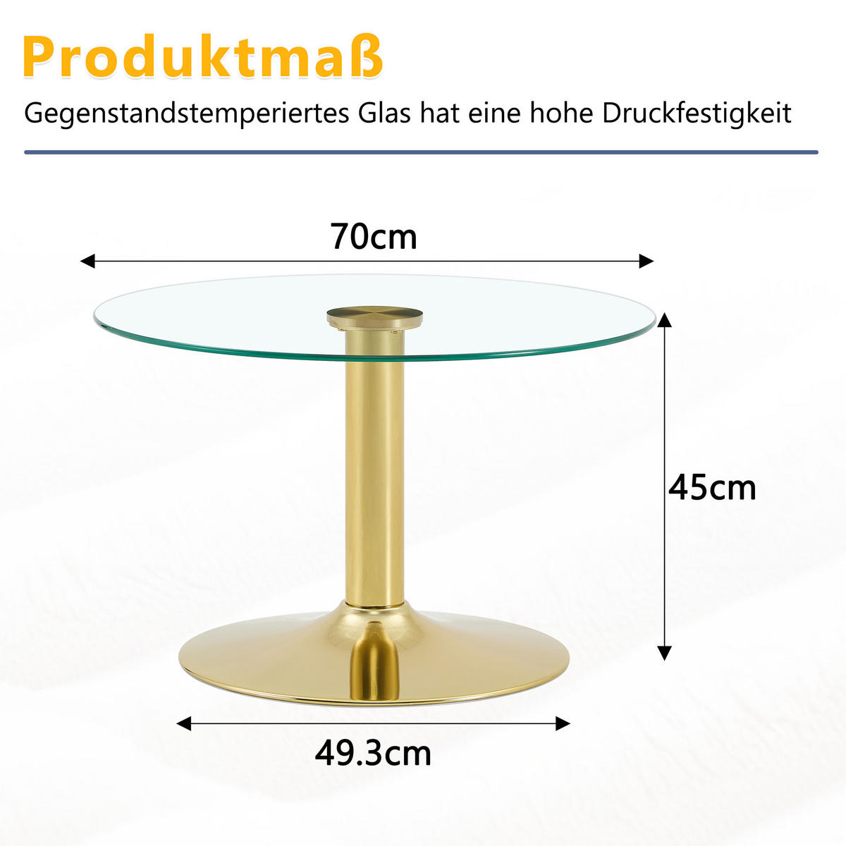 COUCHTISCH DE-37356 rund mit Glasplatte und Metallgestell Gold - Goldfarben, Metall (70/70/45cm) - ComfortXL