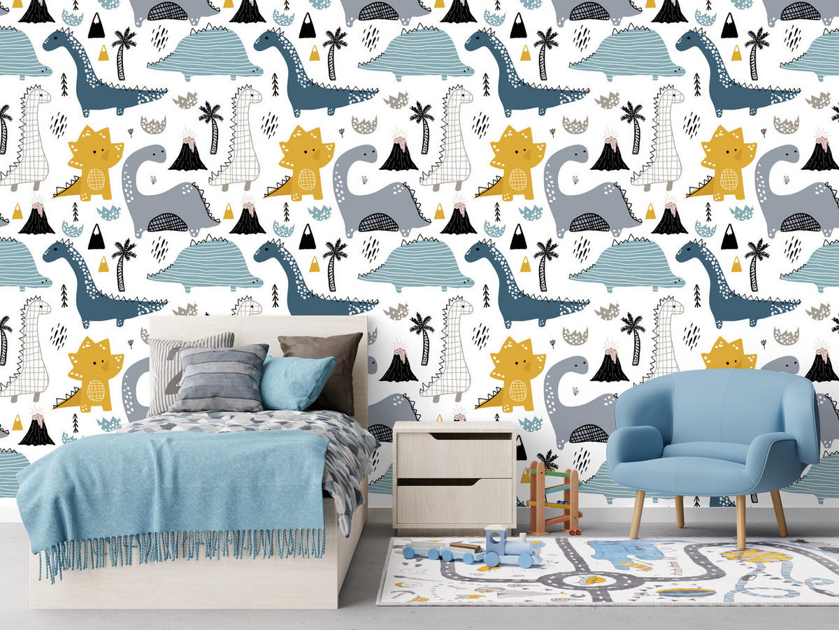VLIESTAPETE Dinosaurier und Vulkane – Blau, Gelb, Schwarz, Weiß – 50x1000 cm - Blau/Gelb, Papier (50/1000cm) - Muralo
