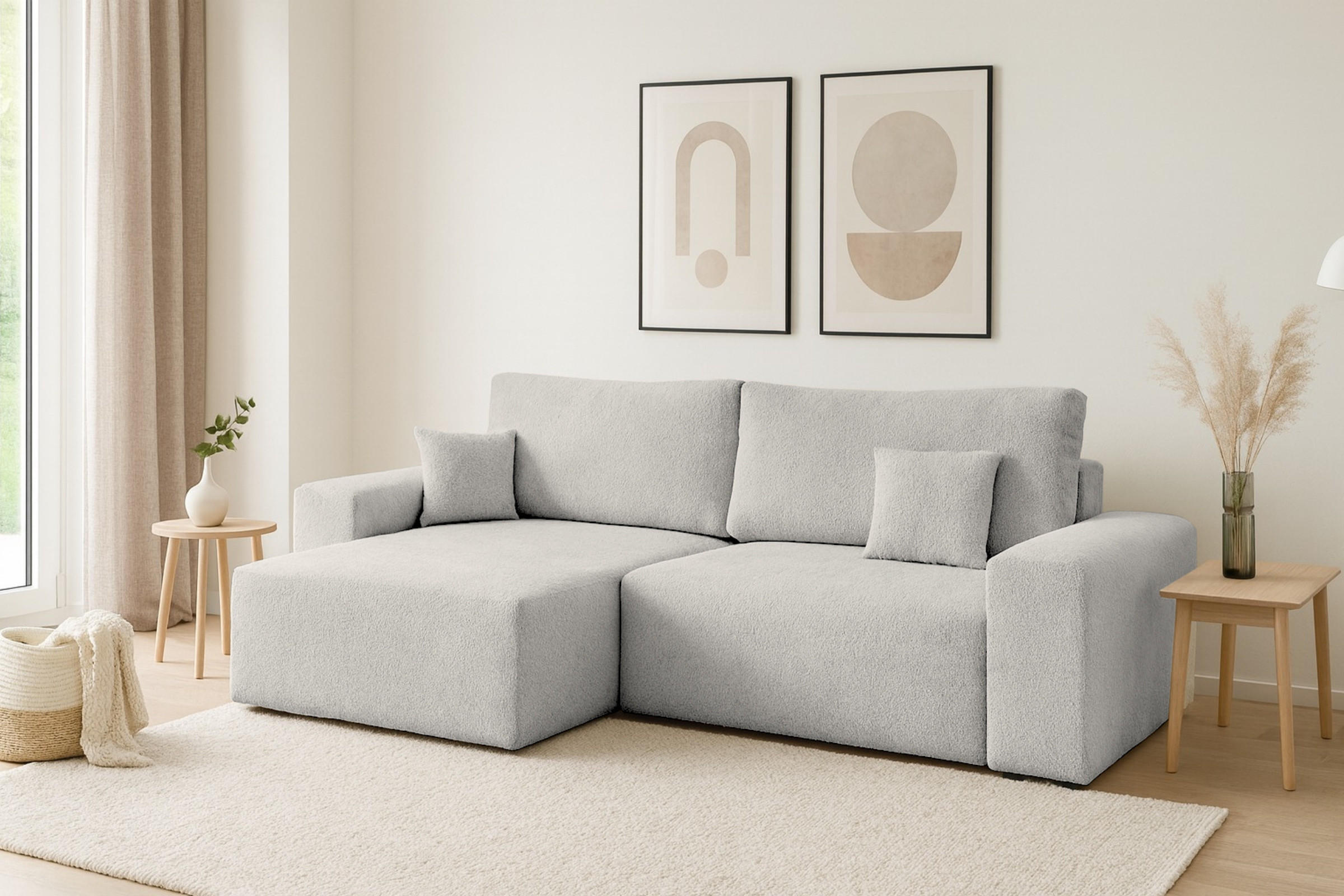 ECKSOFA MILKY 255/148 in Bouclé Hellgrau links - Hellgrau, Holz/Holzwerkstoff (255/148cm) - Deine Möbel 24
