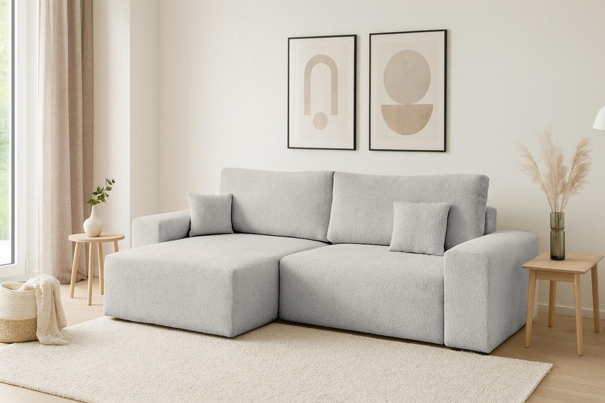 ECKSOFA MILKY 255/148 in Bouclé Hellgrau links - Hellgrau, Holz/Holzwerkstoff (255/148cm) - Deine Möbel 24