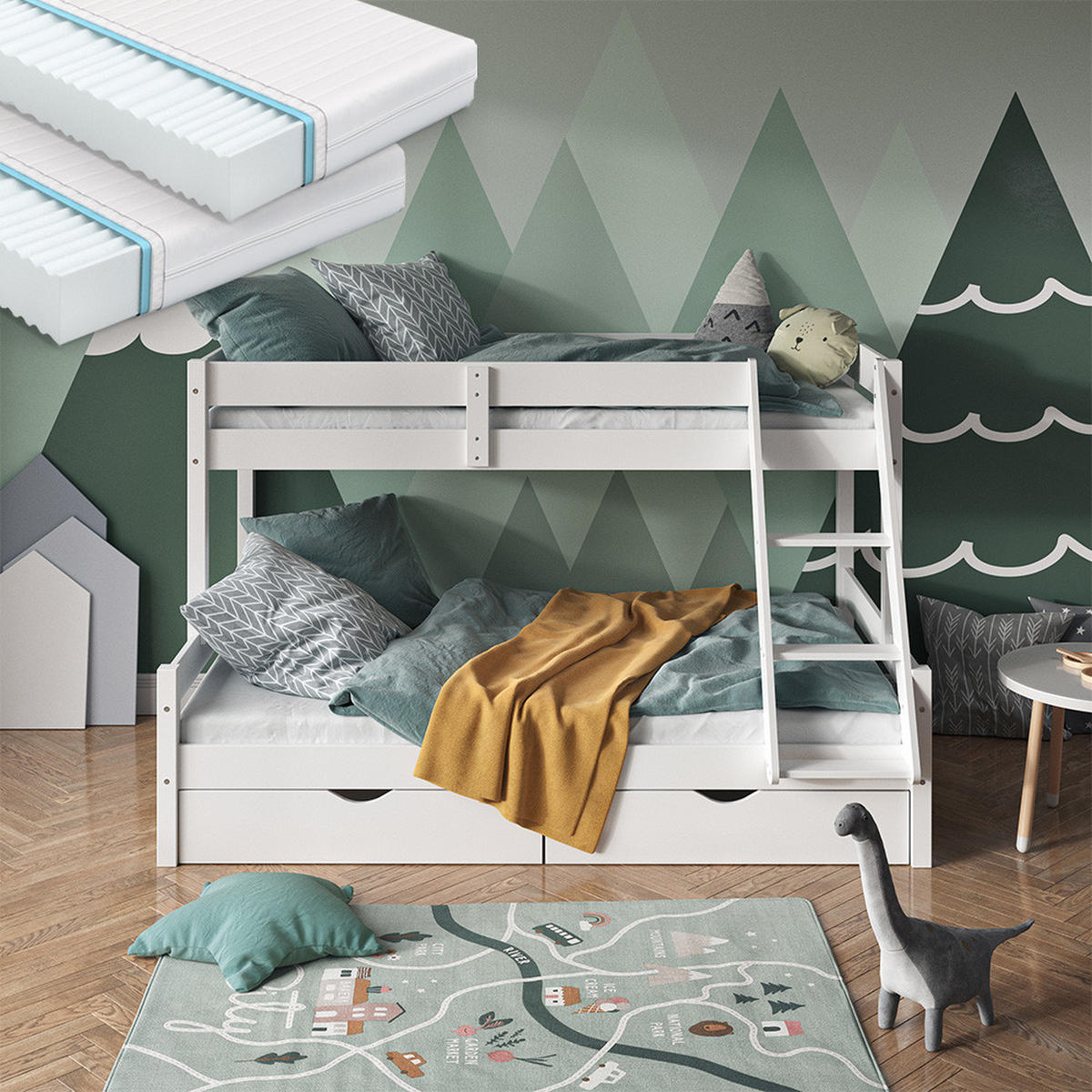 ETAGENBETT Everest Weiß 120x200/80x200 cm mit 2 Matratzen und 2 Schubkästen - Weiß, Holz (120/200cm) - VitaliSpa