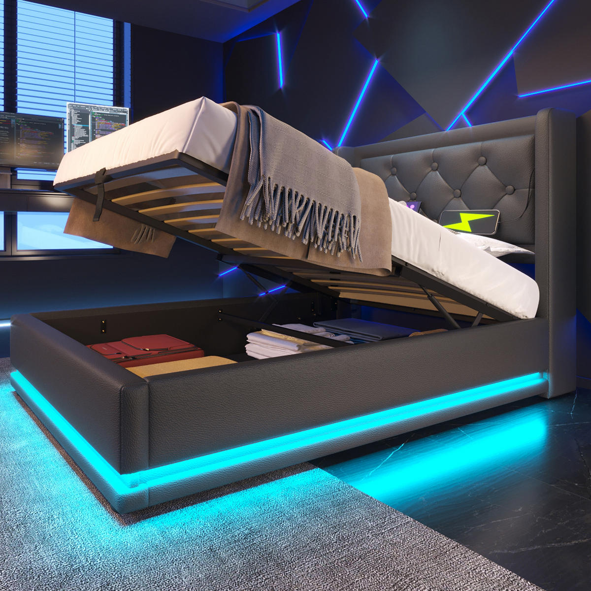 POLSTERBETT 90/200 cm Schwarz PU mit hydraulischem Stauraum und USB-Anschlüssen - Schwarz, Kunststoff (90/200cm) - OKWISH