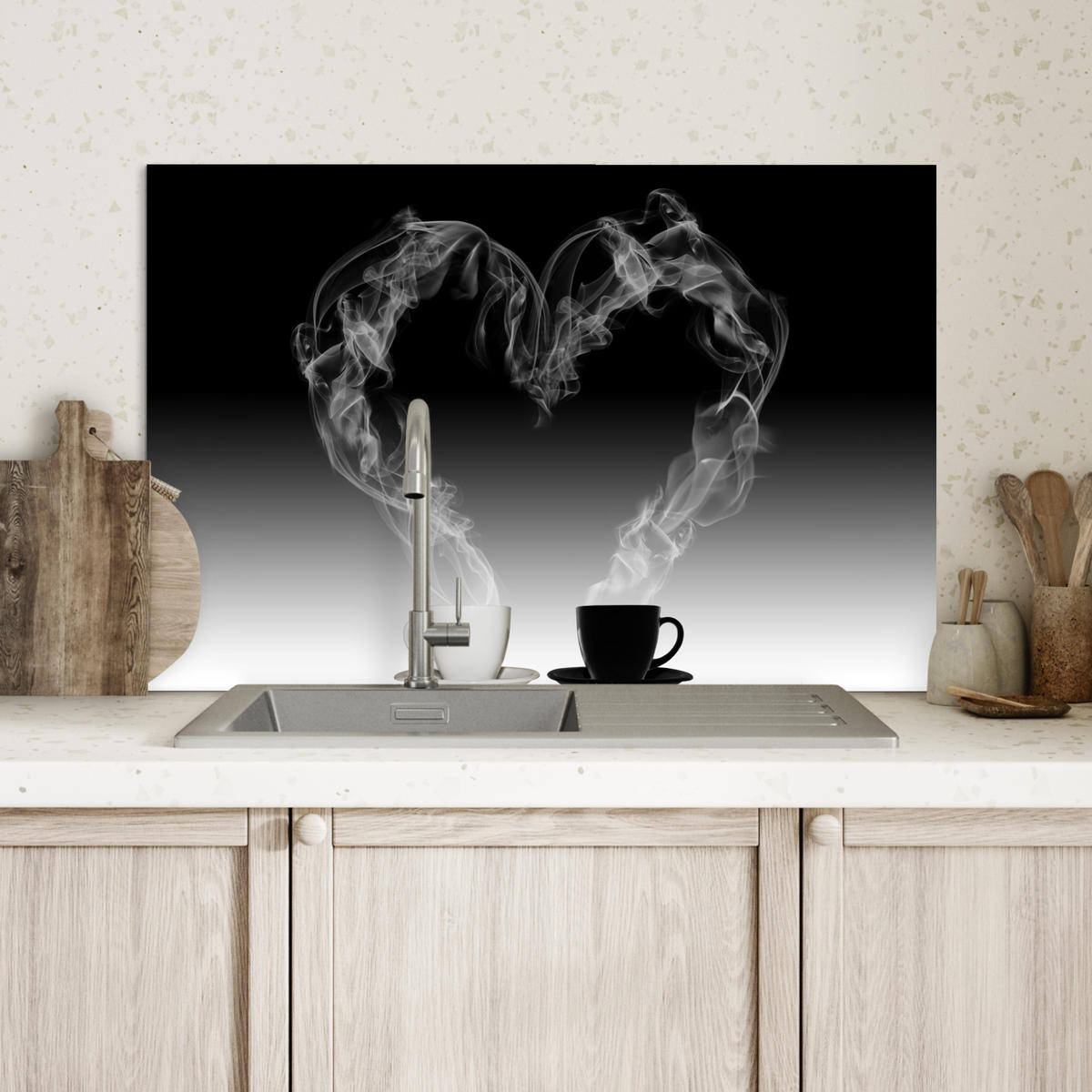 SPRITZSCHUTZ KÜCHE Kaffee - Herz - Schwarz und weiß - Tassen 70x50 cm - Weiß, Metall (70/0.3/50cm) - MuchoWow