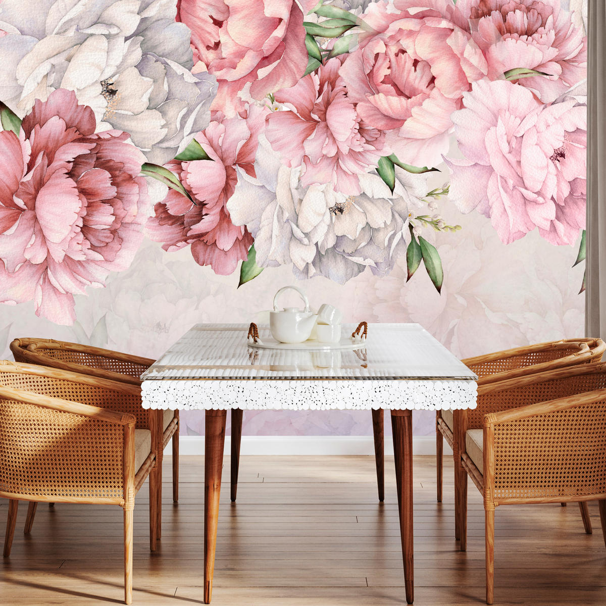 FOTOTAPETE für Badezimmer Zarte Rosa Pfingstrosen Blumen 200x140 - Violett/Rosa, Papier (200/140cm) - Muralo