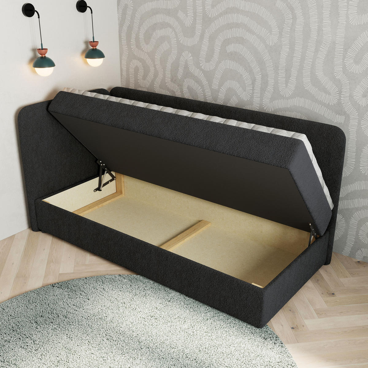 BOXBETT GINA 80x200 cm mit Matratze und Topper, H2+H3 - Schwarz - Schwarz, Holz (80/200cm) - MASSENO