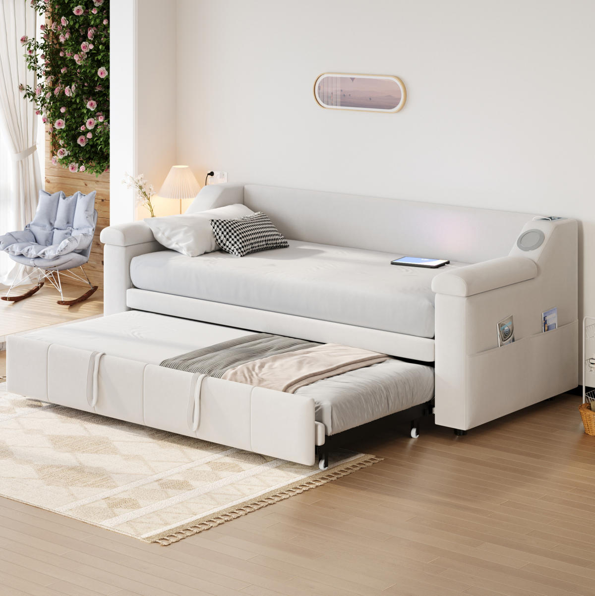 SCHLAFSOFA 90/190 cm beige mit Bluetooth-Stereoanlage und Ablagefächern - Weiß, Textil (90/190cm) - OKWISH
