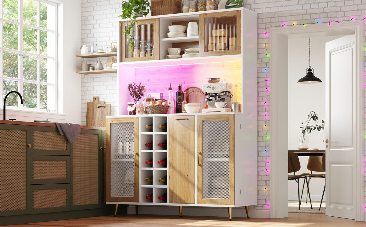 BUFFETSCHRANK mit LED und Weinregal 120 x 40 x 170 cm Weiß Holzoptik - Weiß, Holzwerkstoff (40/170/120cm) - Meubliv