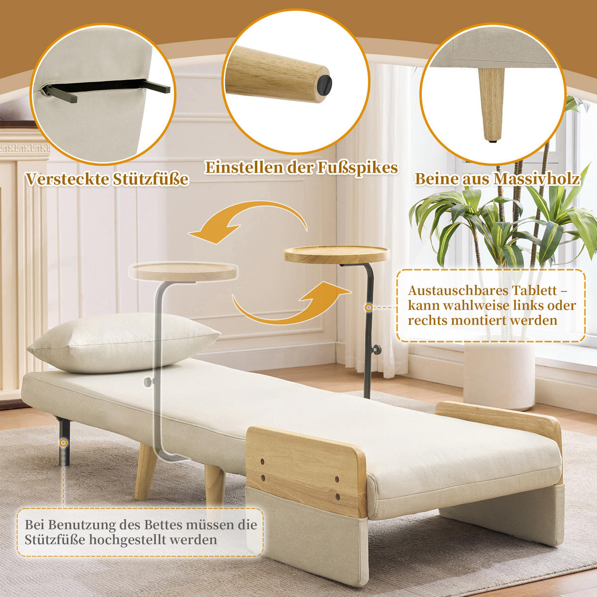 UMBAUSESSEL Leinen 3-in-1 mit 360 Grad Holztablett und verstellbarer Rückenlehne 88/74,5/66 cm Beige - Beige, Textil (88/74.5/66cm) - Redom