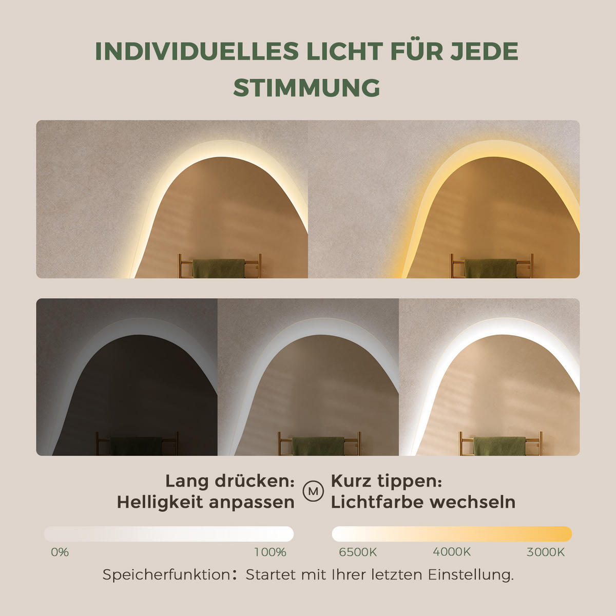BADSPIEGEL mit Beleuchtung 48/72 cm asymmetrisch rahmenlos LED dimmbar mit Antibeschlag - Transparent, Glas (72/48/2.5cm) - S'AFIELINA