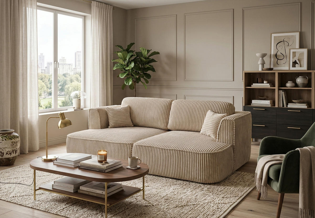 BIGSOFA COZI, Ecru mit Cordbezug - Ecru, Kunststoff/Textil (240/87/180cm) - KS Home Concept
