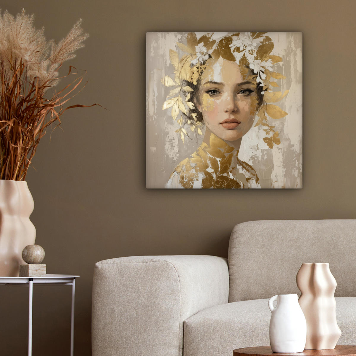 LEINWANDBILD Gesicht - Frau - Blätter - Gold Wandbild Wohnzimmer 50x50 cm - Beige, Textil (50/50cm) - MuchoWow