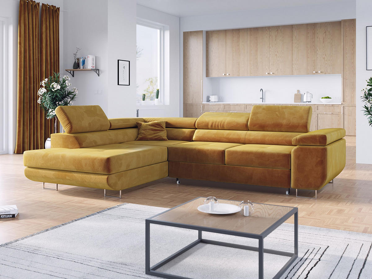 ECKSOFA GUSTAW L Gelb Velvet Links Seite - Gelb/Silberfarben, Textil/Metall (205/275cm) - MKS