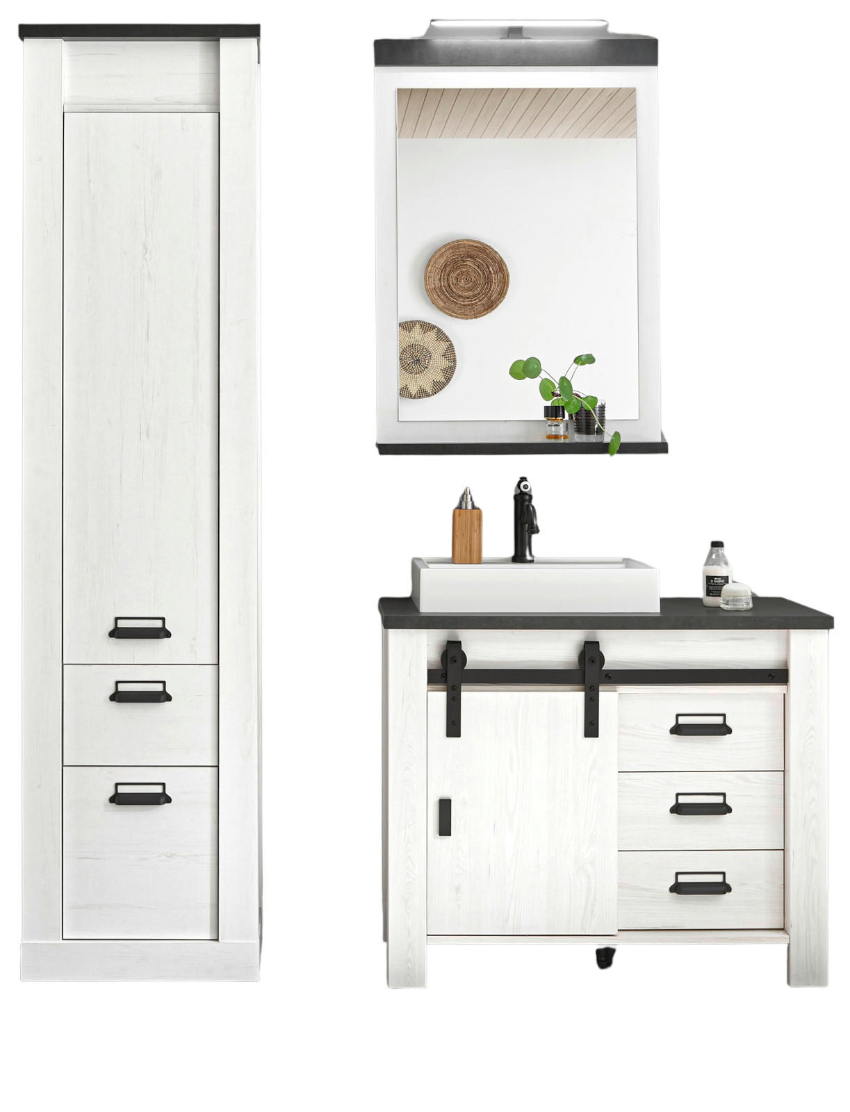 BADMÖBEL-SET 5-teilig weiß Pinie, anthrazit Landhaus, Badkombination mit Waschbecken und Spiegellampe - Anthrazit/Weiß, Holzwerkstoff/Metall (166/210/43cm) - Furn.Design