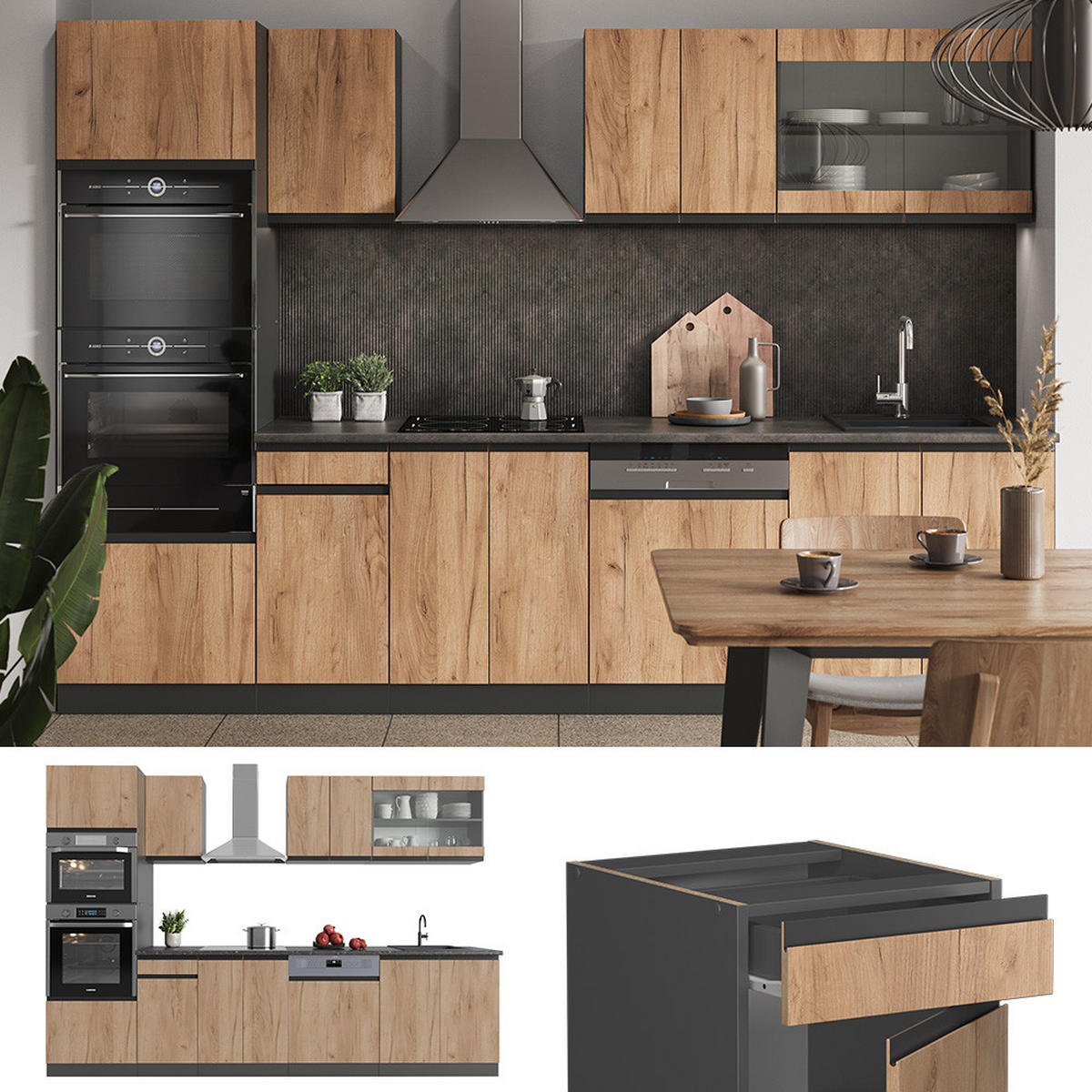 KÜCHENZEILE R-Line Goldkraft Eiche/Anthrazit 300 cm J-Shape ohne AP - Honigeiche/Anthrazit, Holzwerkstoff (300/81.6/46cm) - Vicco